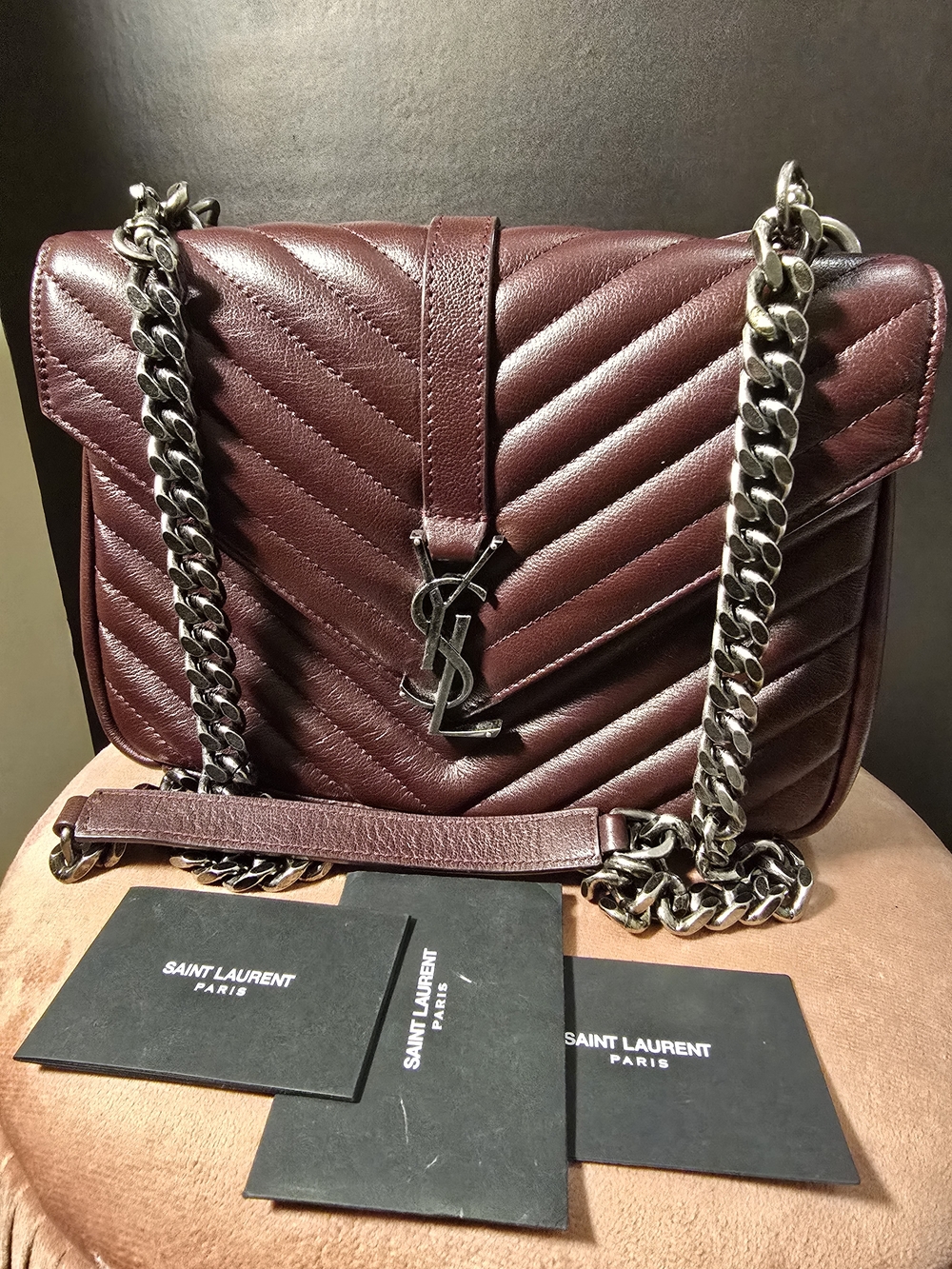 Saint Laurent Medium College Bag - Quilted Leather - Maroon/Burgundy
